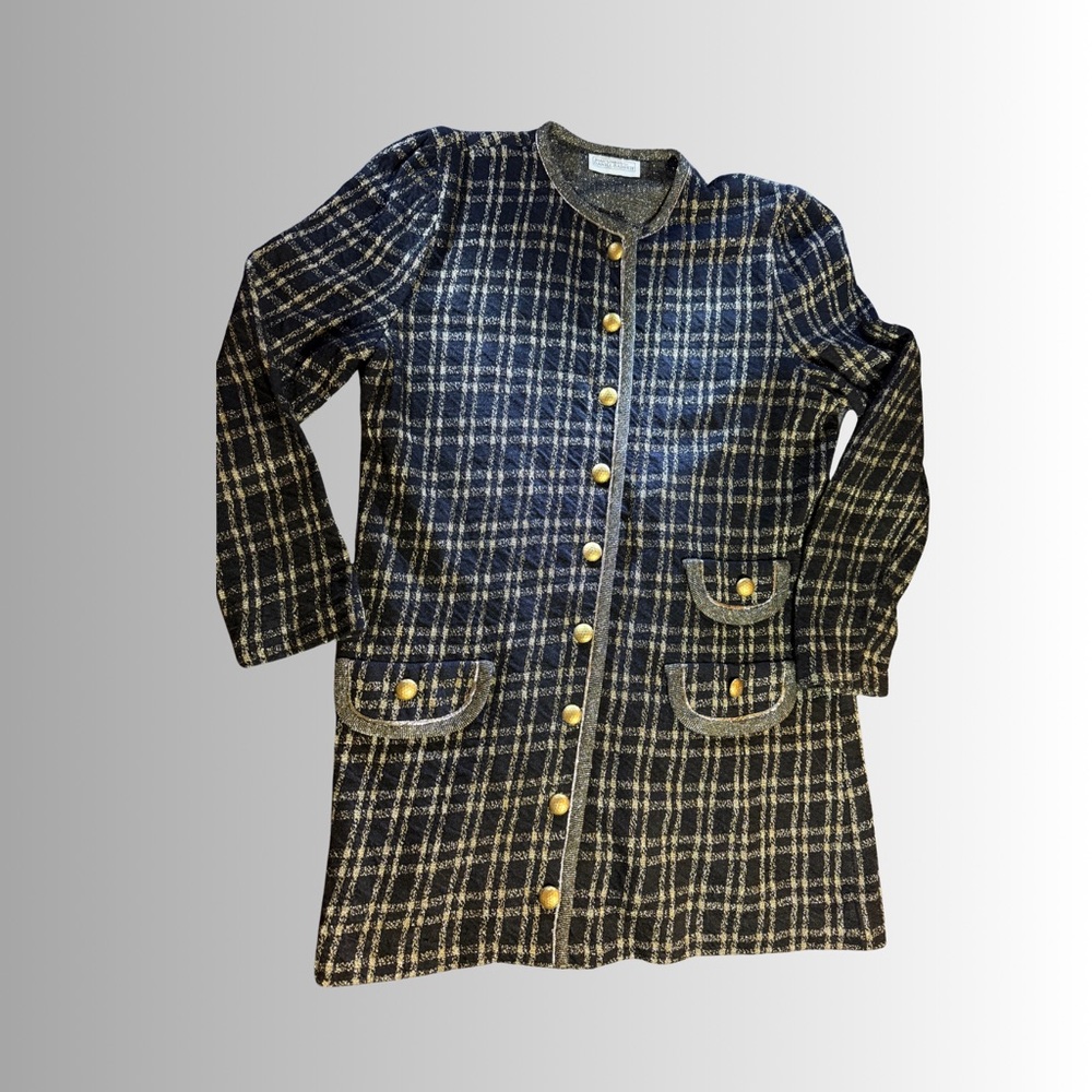 Vintage Joan Sparks for Daniel Barrett Metallic Plaid Long Cardigan Coat - Picture 2 of 7